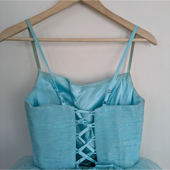 Ashley Lauren Sparkly Blue Tiered Tulle Mini Prom Dress Size 8 - Picture 7 of 9